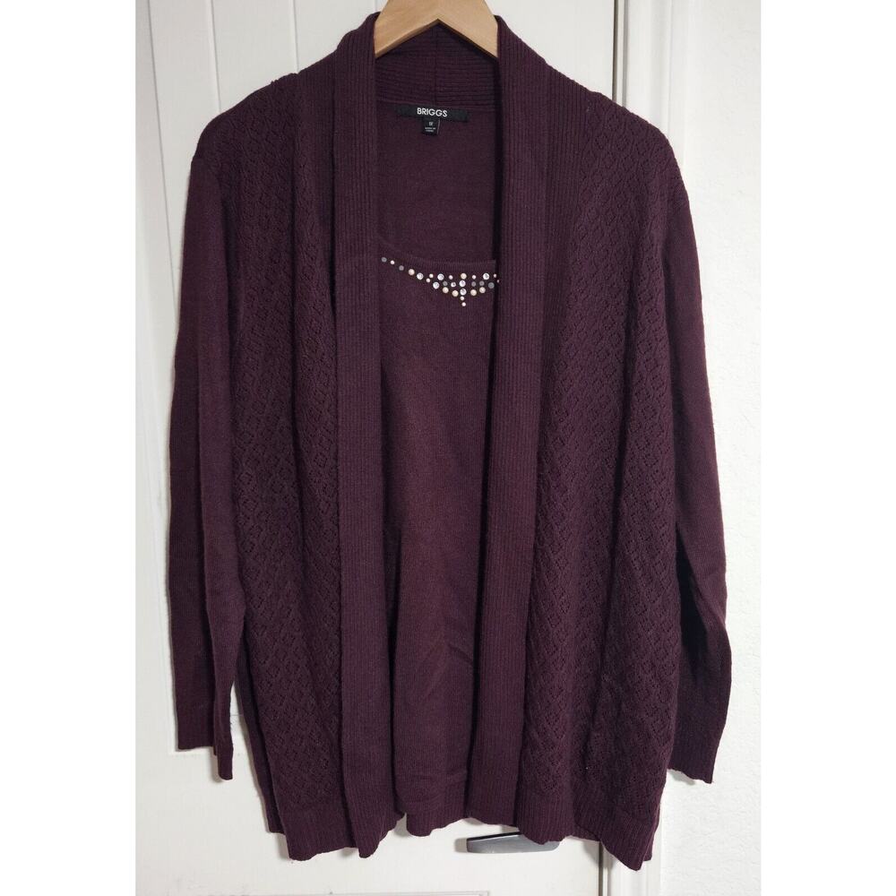 Briggs 1x Burgundy Cardigan Sweater With Buikt In Sweater Shirt With Rhinestones